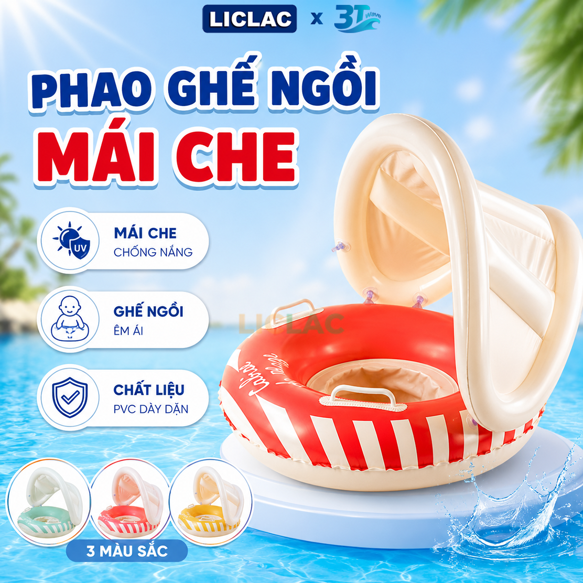 Phao bơi cho bé có Mái Che nắng tháo rời ghế ngồi đáy mút êm ái, PVC dày bền cho bé đi biển hồ bơi