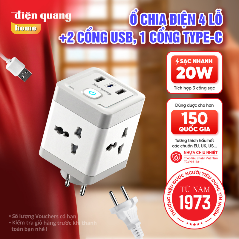 Ổ cắm trụ vuông điện quang đa năng thông minh 2500w 4 lỗ 1 usb và 2 typec sạc nhanh chống giật, bảo hành 12 tháng