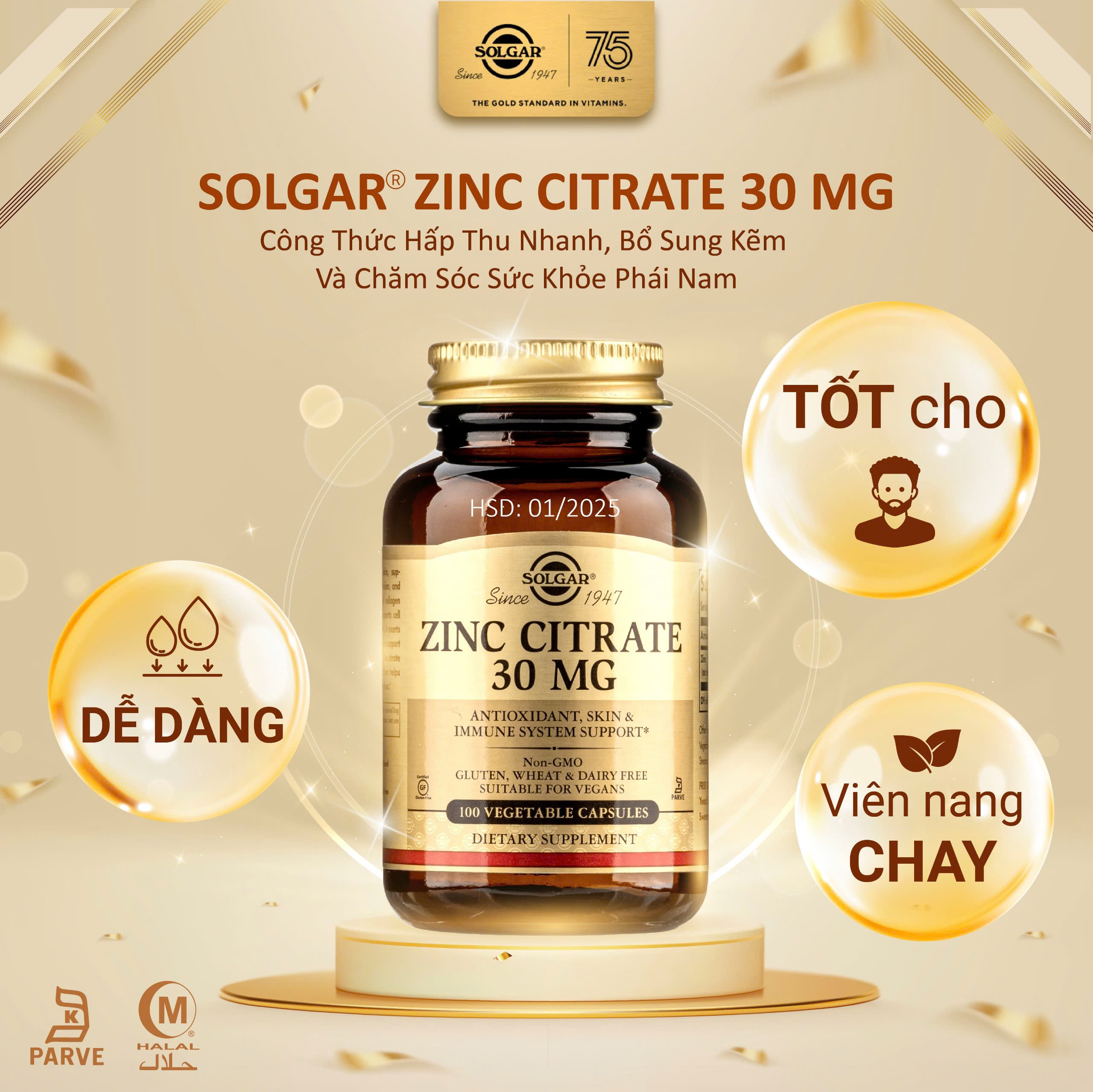 Viên Uống Solgar Zinc Kẽm Citrate 30Mg -  Công Thức Hấp Thu Nhanh, Bổ Sung Kẽm Và Chăm Sóc Sức Khỏe Phái Nam  [Lọ 100 Viên- HSD: 10/2024]