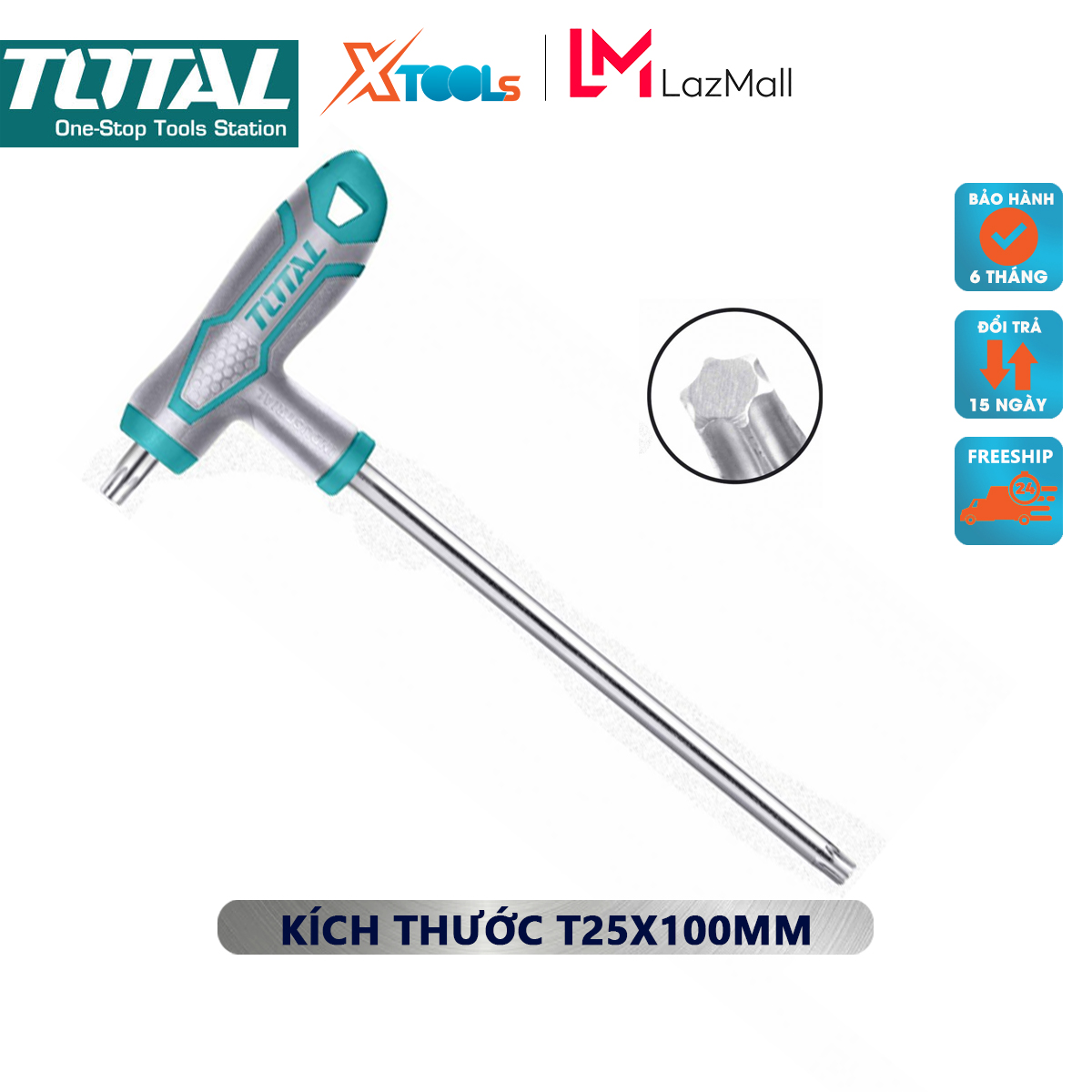 Tay vặn chữ T đầu bông TOTAL THHW15T251001 Lục giác chữ T đầu bông Kích thước T25X100mm Thép Cr-V mạ Crom tháo lắp, mở bulong, đai ốc, ốc vít [XTOOLs MALL]