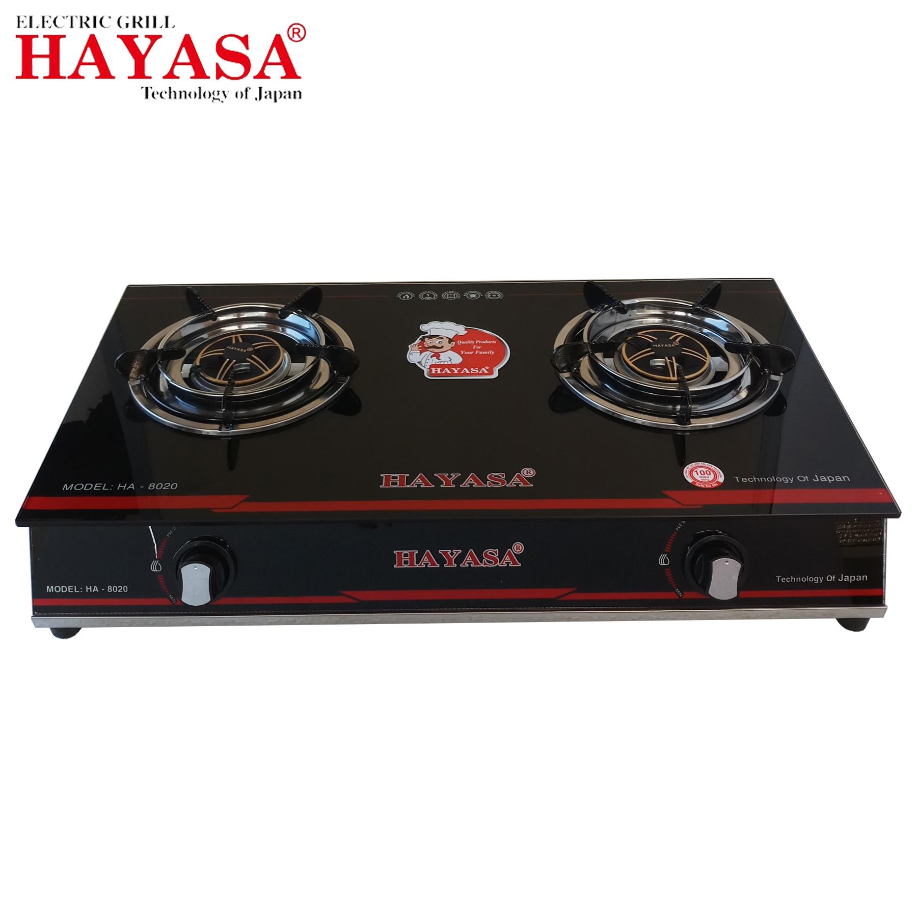 Bếp gas đôi dòng cao cấp 2 mặt kiếng hayasa ha-8020 điếu hộp inox 304 chén đồng đen
