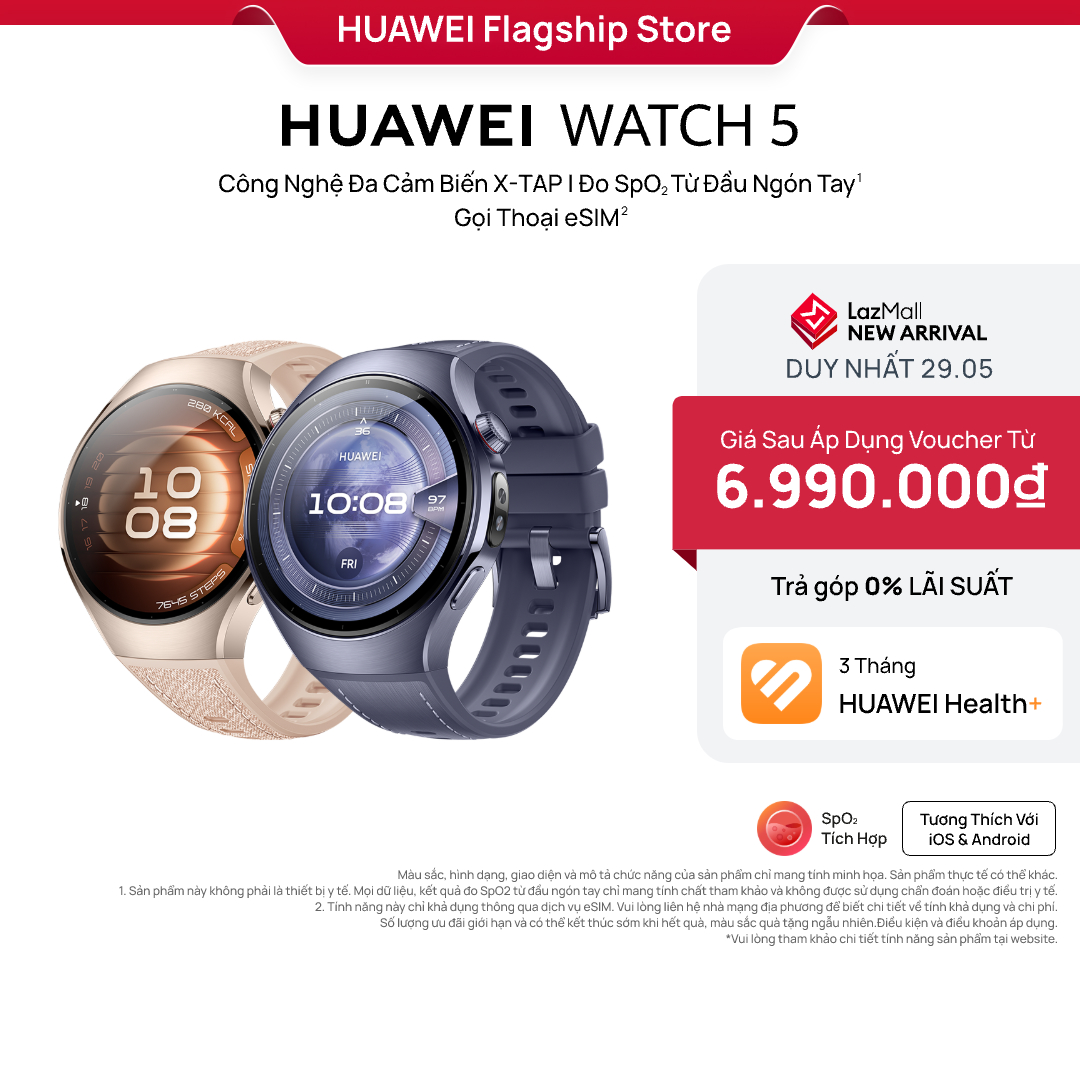[DUY NHẤT 29.5] Đồng Hồ Thông Minh | HUAWEI WATCH 5 | Công Nghệ Đa Cảm Biến X-TAP | Đo  SpO2 Từ Đầu Ngón Tay | Gọi Thoại eSIM