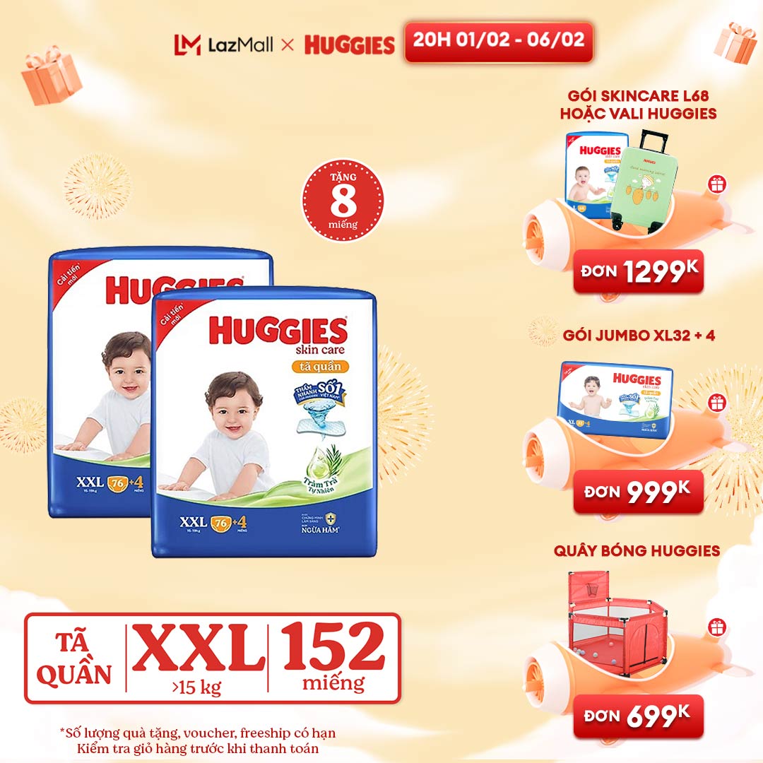 [CHỈ 20H 01-06.02 GIẢM THÊM 90K] Combo 2 Gói Tã/bỉm quần HUGGIES SKINCARE MEGA JUMBO size XXL76+4 miếng