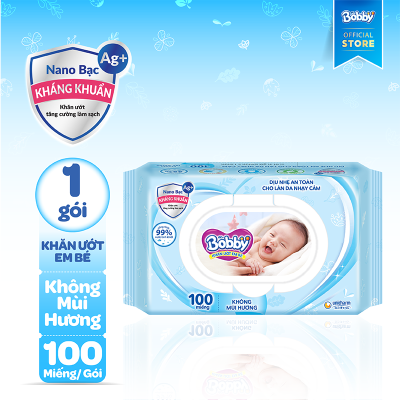 Khăn giấy ướt trẻ em bobby care không mùi hương 100 miếng
