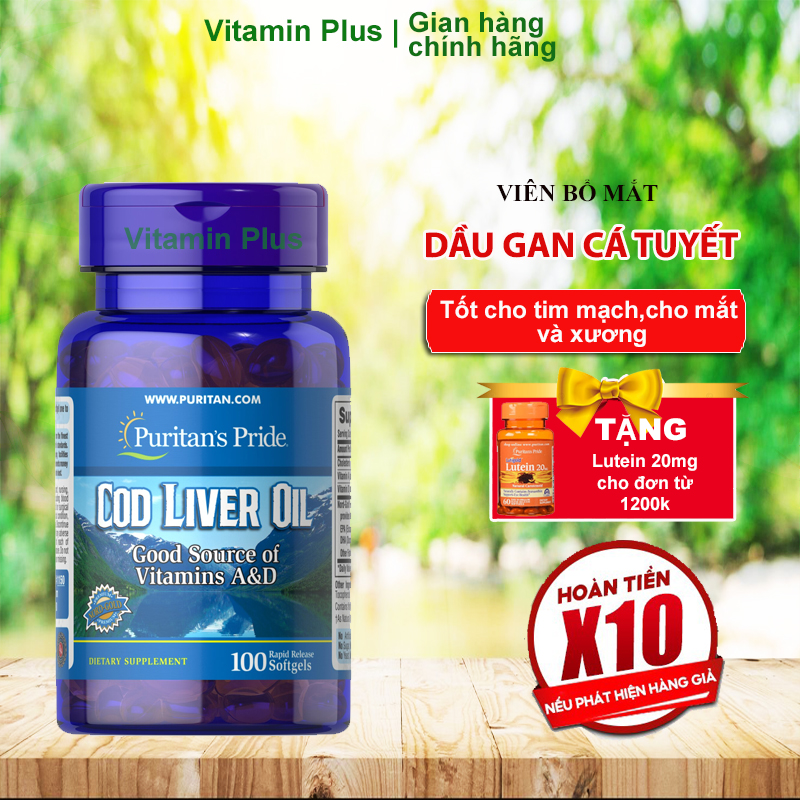 Dầu gan cá tuyết PREMIUM GOLD giúp sáng mắt , bổ măt Puritan's Pride Cod Liver Oil 100 viên