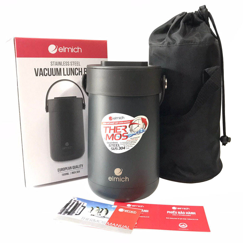 Cặp lồng cơm giữ nhiệt 3 ngăn inox 304 Elmich EL3129 dung tích 1500ml kèm túi xách, xuất xứ Cộng hòa Séc - Hàng chính hãng