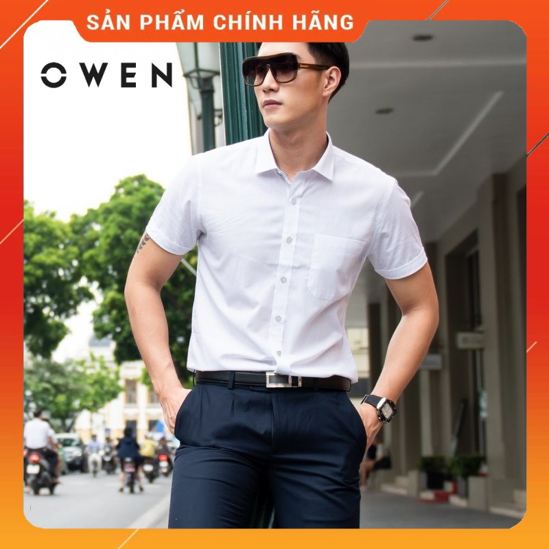 Áo sơ mi trắng cộc tay Owen - BA22111NT dáng Body fit Tà bằng vải Nano màu trắng trơn