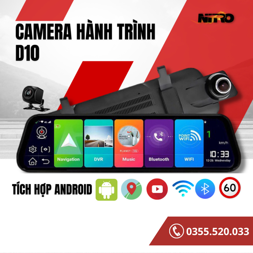 Camera hành trình ô tô d10 xetabon 10 inch full hd, hệ điều hành android 8.1os, tích hợp cam lùi, định vị gps bảo hành 12 tháng