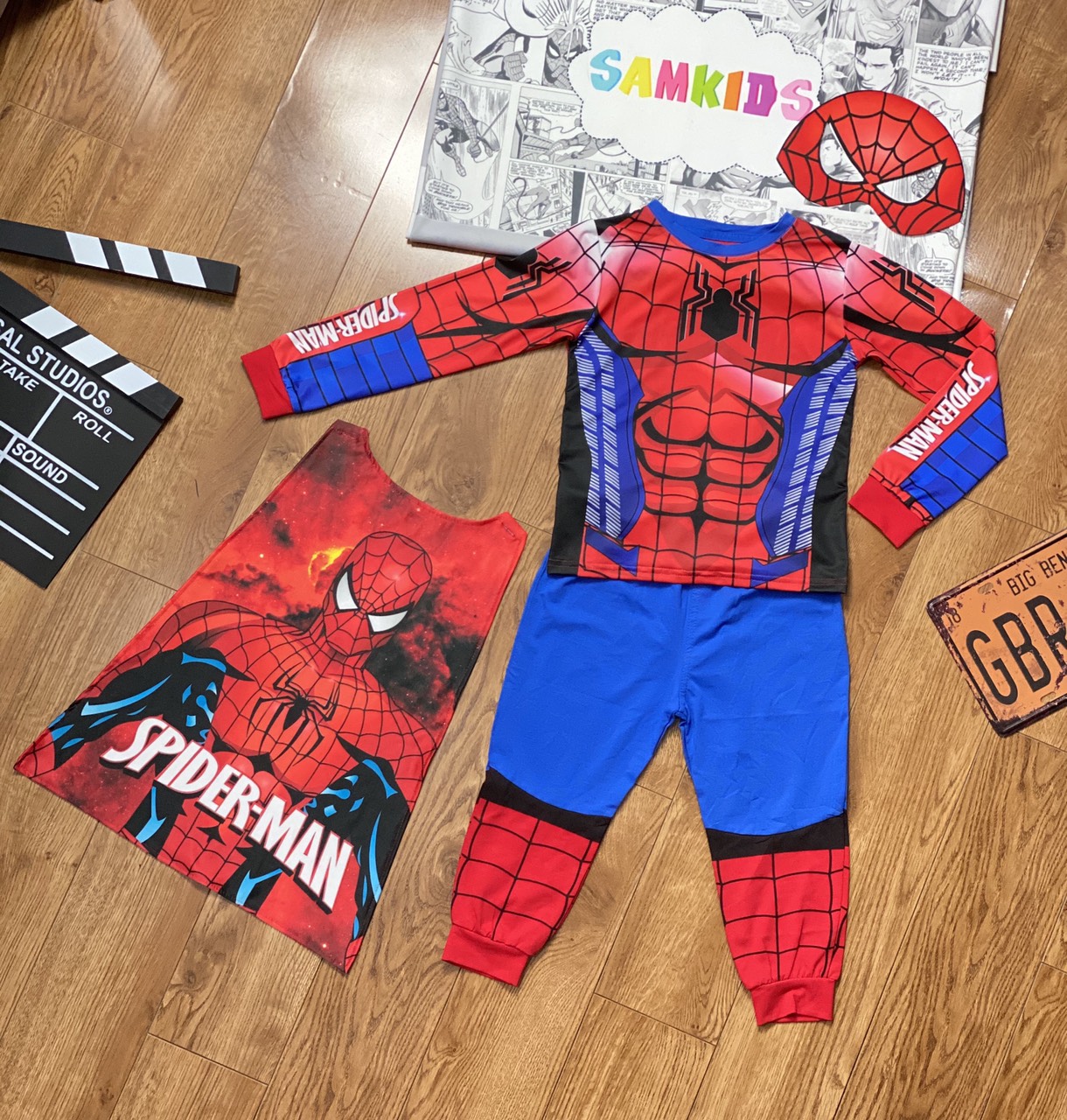 [HCM]Bộ đồ siêu nhân tay dài người nhện cơ bắp tặng kèm mặt nạ in 3D và áo choàng cho bé