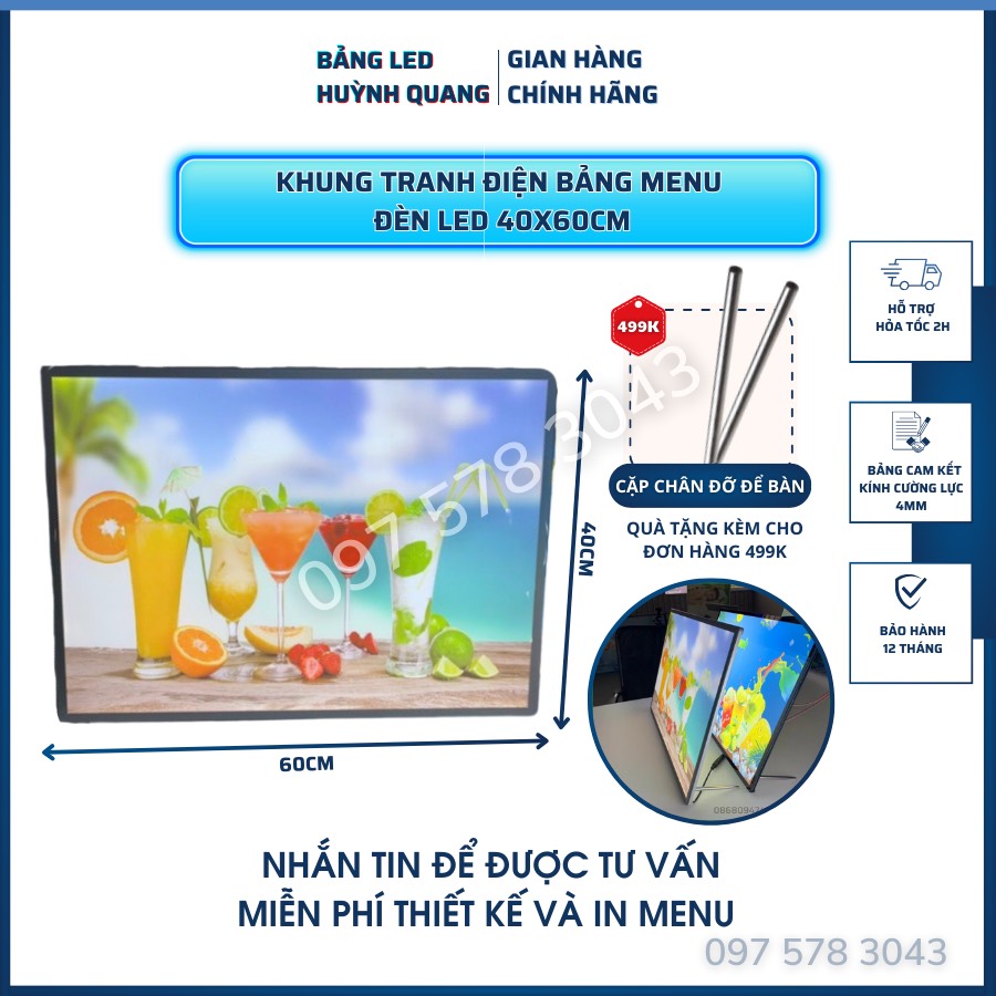 Bảng hộp đèn led menu kích thước 40x60cm, khung tranh điện để bàn, treo tường, hộp đèn quảng cáo
