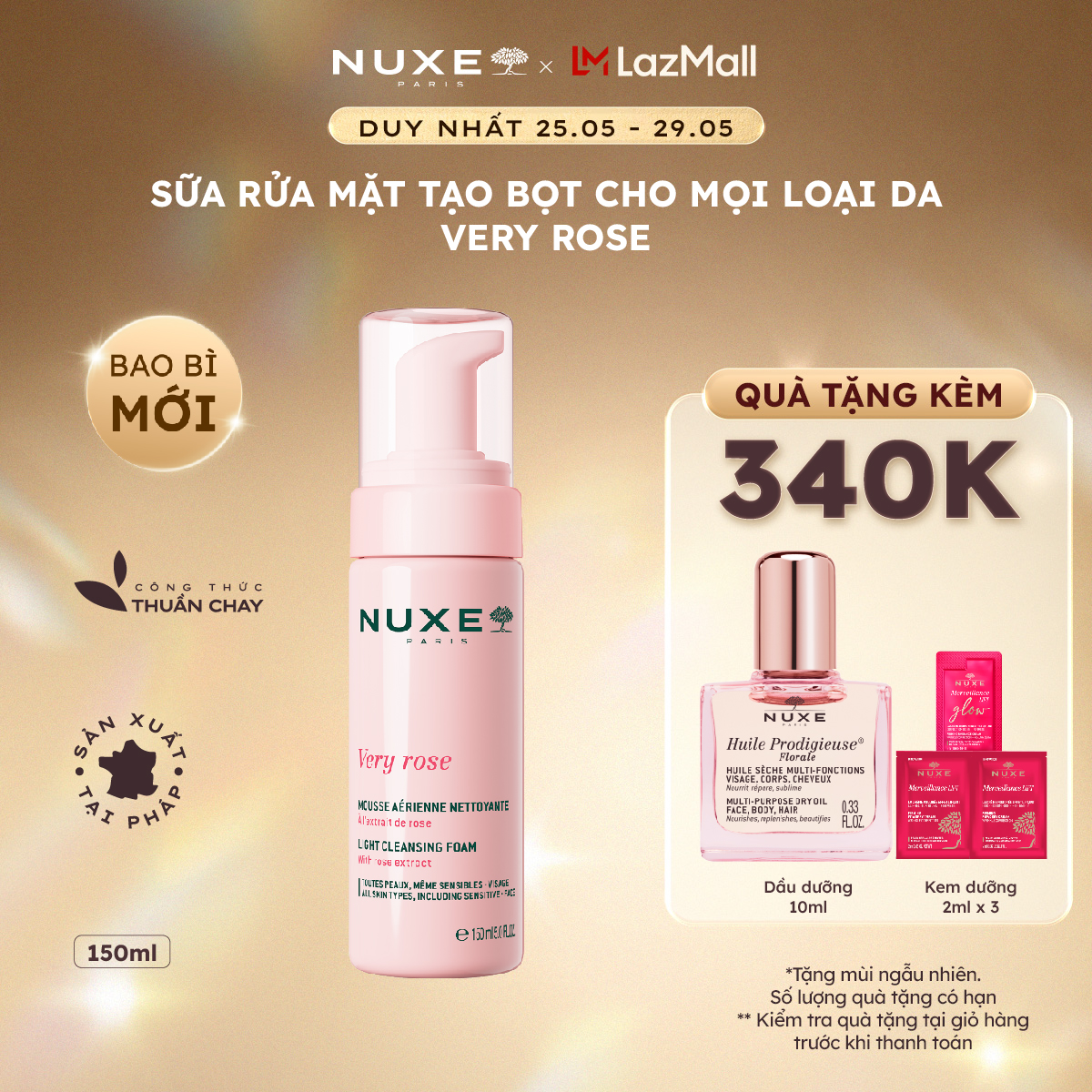 Sữa Rửa Mặt Tạo Bọt Dịu Nhẹ Cho Mọi Loại Da Chiết Xuất Hoa Hồng Nuxe Very Rose 150ml