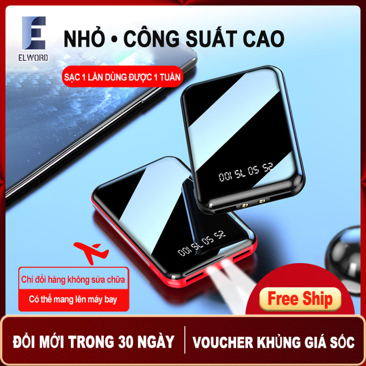 Pin sạc dự phòng 10000mAh ,Mini tiện lợi , Pin sạc dự phòng mặt gương , Siêu mỏng new 2020