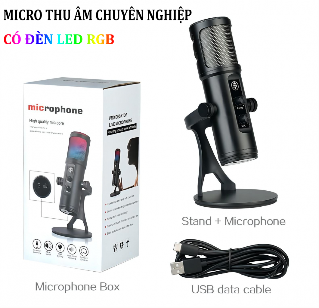Mic thu âm usb để bàn micro gaming đèn led rgb chuyên nghiệp micro thu âm livestreamcản âm gió, giảm tiếng ồn tốt, độ nhạy cao, đèn led rgb đổi màu