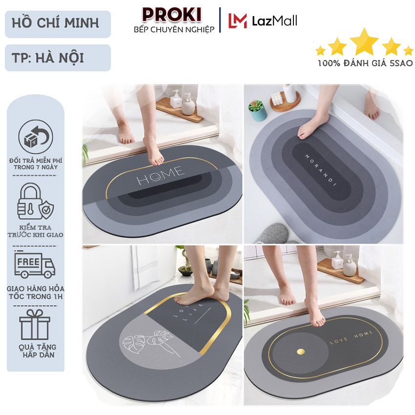 Thảm Lau Chân Proki Cao Cấp Silicon Siêu Thấm Hút Nước, Chống Trơn Trượt, Thảm Chùi Chân hút nước siêu thấm Nhà Tắm Silicon, Thảm Lau Chân Siêu Mềm, Siêu Dày