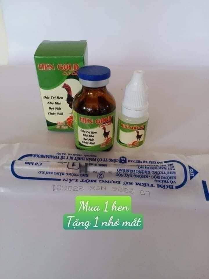 combo hen gold tiêm+ nhỏ mắt dùng cho gà hen, khò khè,chảy nước mắt,bọt mắt(tặng xi lanh tiêm)
