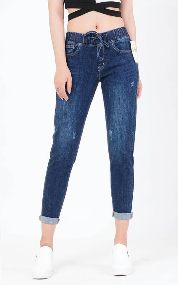 Quần bò nữ quần jean nữ baggy lưng thun cotton 100% co giãn 9 tấc lai lật cào cao cấp