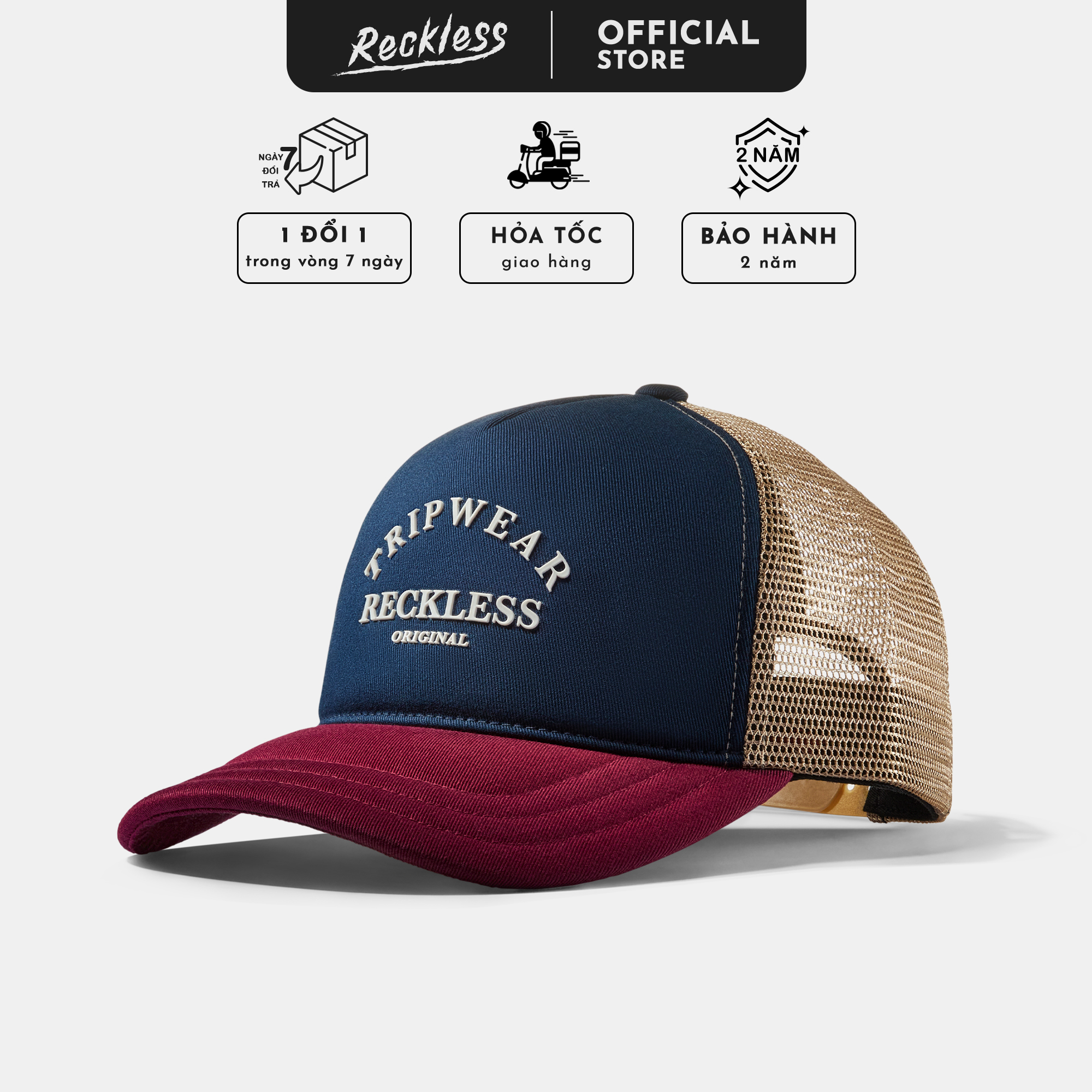 Mũ/Nón Lưỡi Trai Reckless - Trucker Cap - Vải Kaki Cotton Thoáng Khí, Lưới Thoát Nhiệt, Artwork Ép Chuyển Nhiệt Cao Cấp