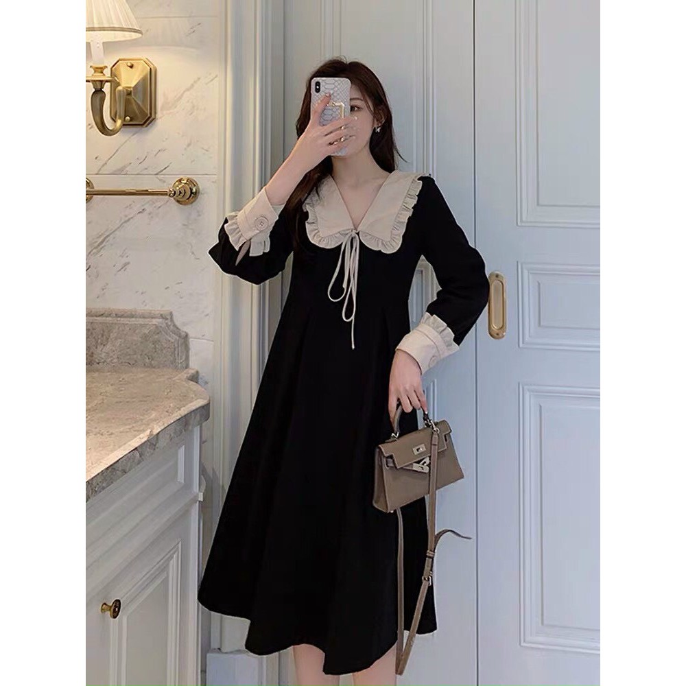 Đầm dáng suông tay dài cổ bẻ viền chữ V cột dây DUTIEC47