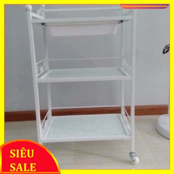 Xe Đẩy Spa 3 Tầng Mặt Kính Hoa Văn Có Khay