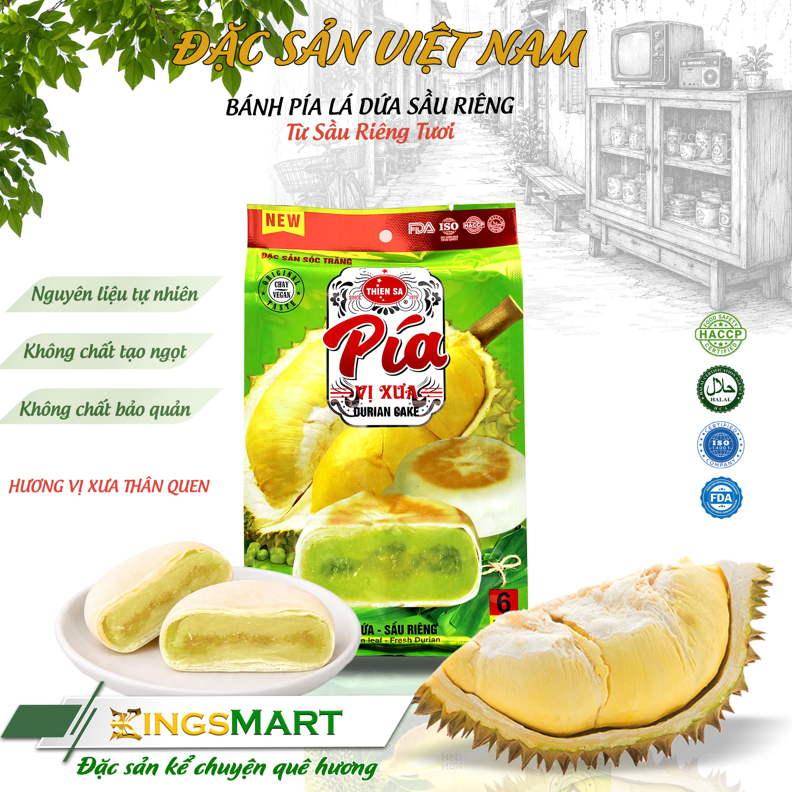 [Xóm nhà xưa] Bánh pía chay mini lá dứa sầu riêng - Thương hiệu Thiên Sa - Túi 120g/6 bánh - Kingsmart