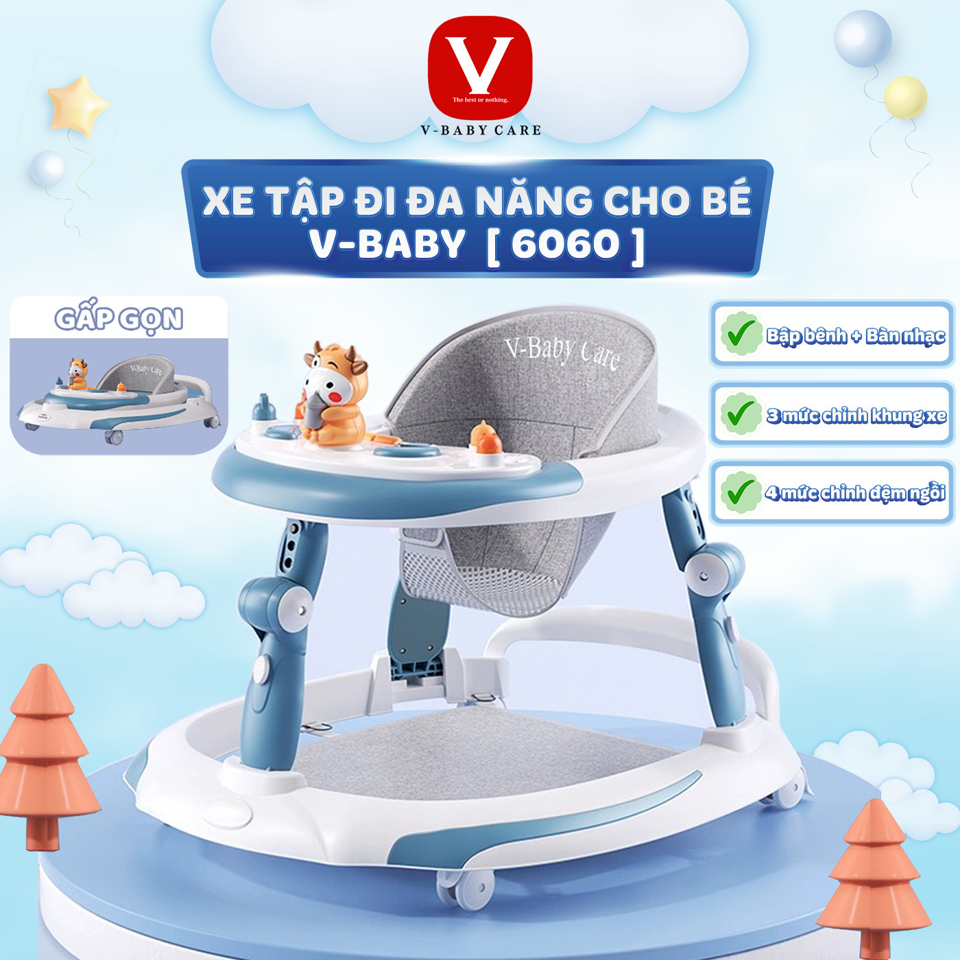 Xe Tròn Tập Đi Cho Bé V-BABY 6060 Có Bàn Ăn Dặm Có Nhạc Mẫu Mới 2026