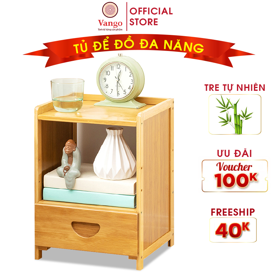 Tủ đầu giường thông minh VANGO V26 gỗ tre tự nhiên cao cấp, Kệ để đồ phòng ngủ đa năng, Phong cách Âu Á hiện đại, sang trọng