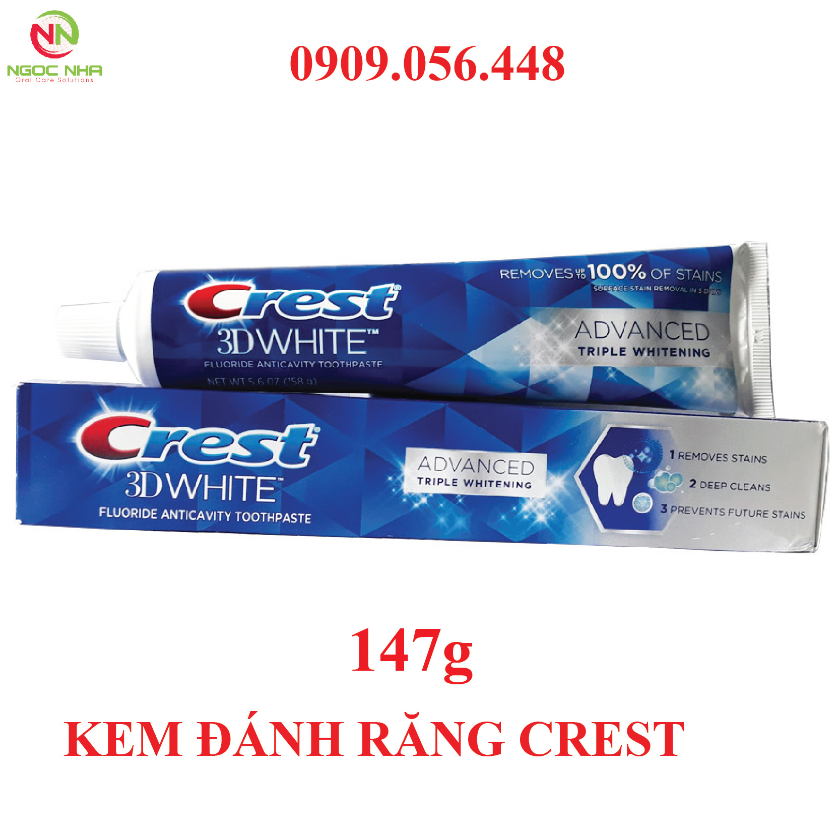 Kem đánh răng Crest 3D WHITE ADVANCED TRIPLE WHITENING 147g, hàng xách tay Mỹ - Trắng răng gấp 3 lần, có flour ngăn ngừa sâu răng, bảo vệ men răng chắc khỏe