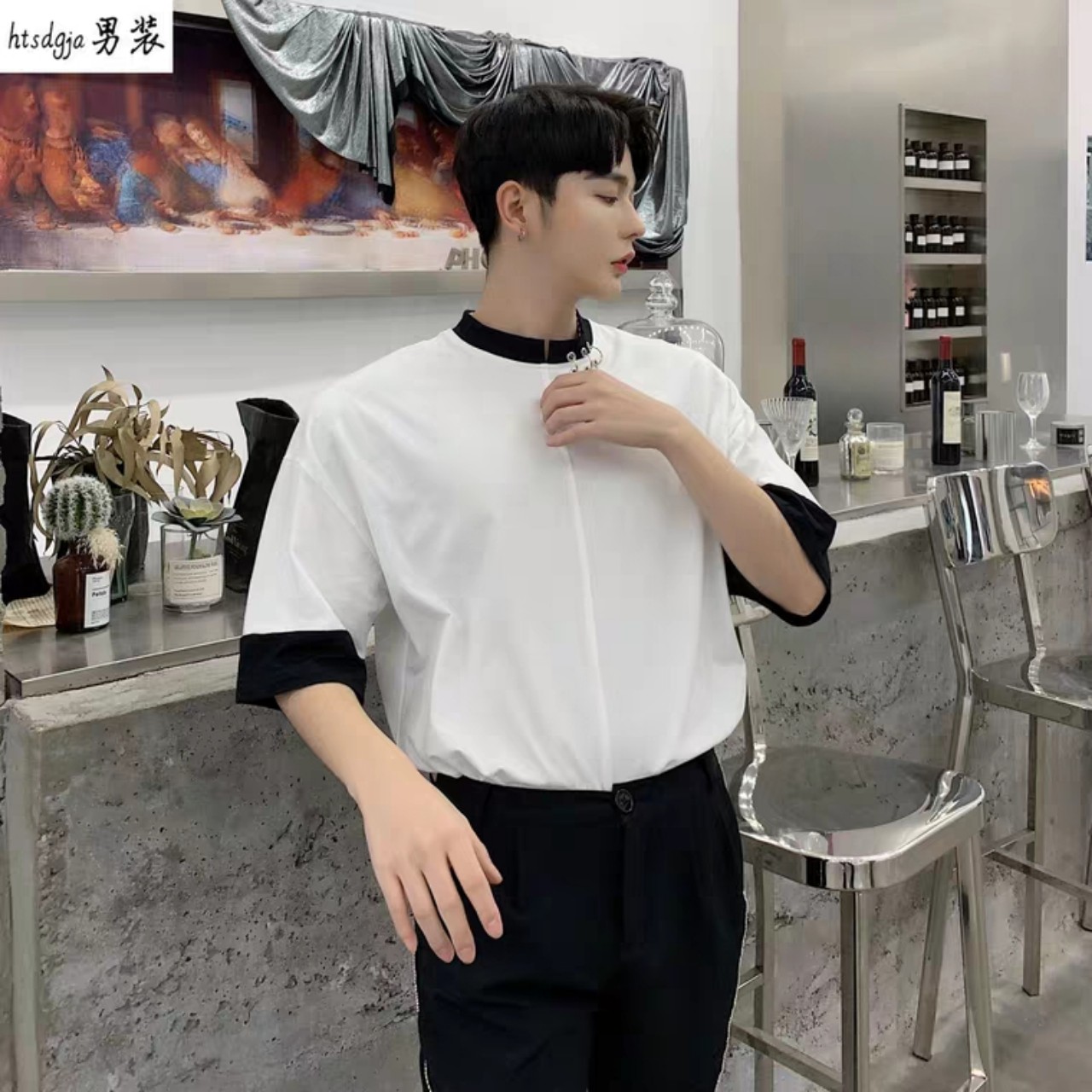 Áo thun nam tay lỡ viền đen phối Khoen Cổ - Lay Unisex