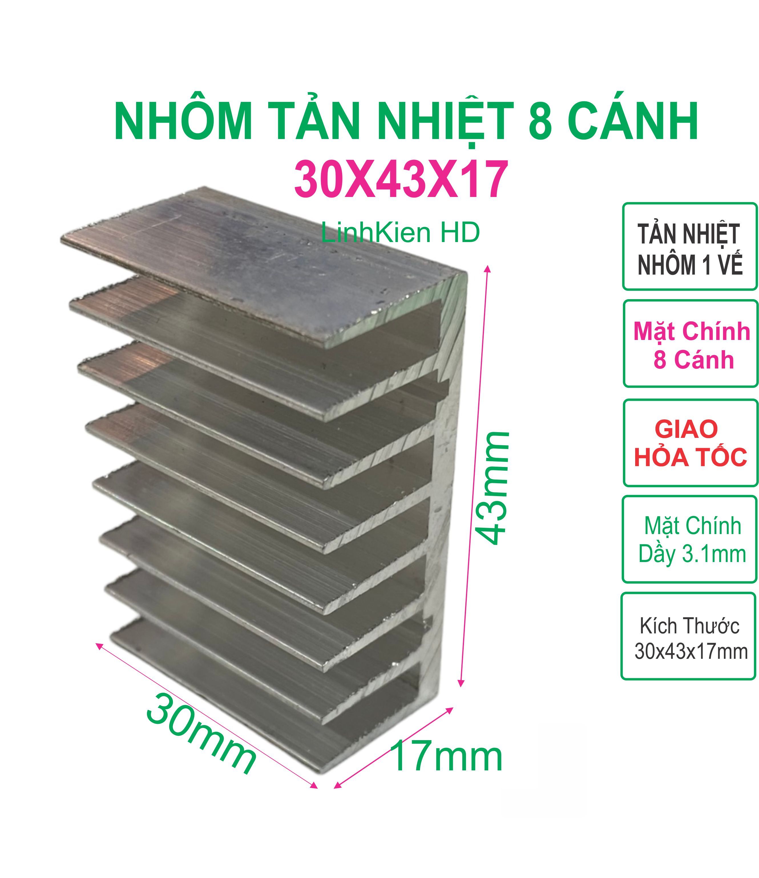 Tản nhiệt nhôm 30*43*17mm - nhôm máy 4Fet Giá 16,500 Đồng*Miễn phí vận chuyển