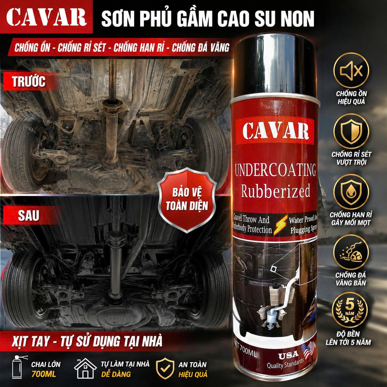 [2 Chai] Xịt phủ gầm ô tô Cavar cao su non  Chống rỉ – Cách âm – Giảm ồn  Tiện lợi – Dễ sử dụng tại nhà- phủ gầm ô tô