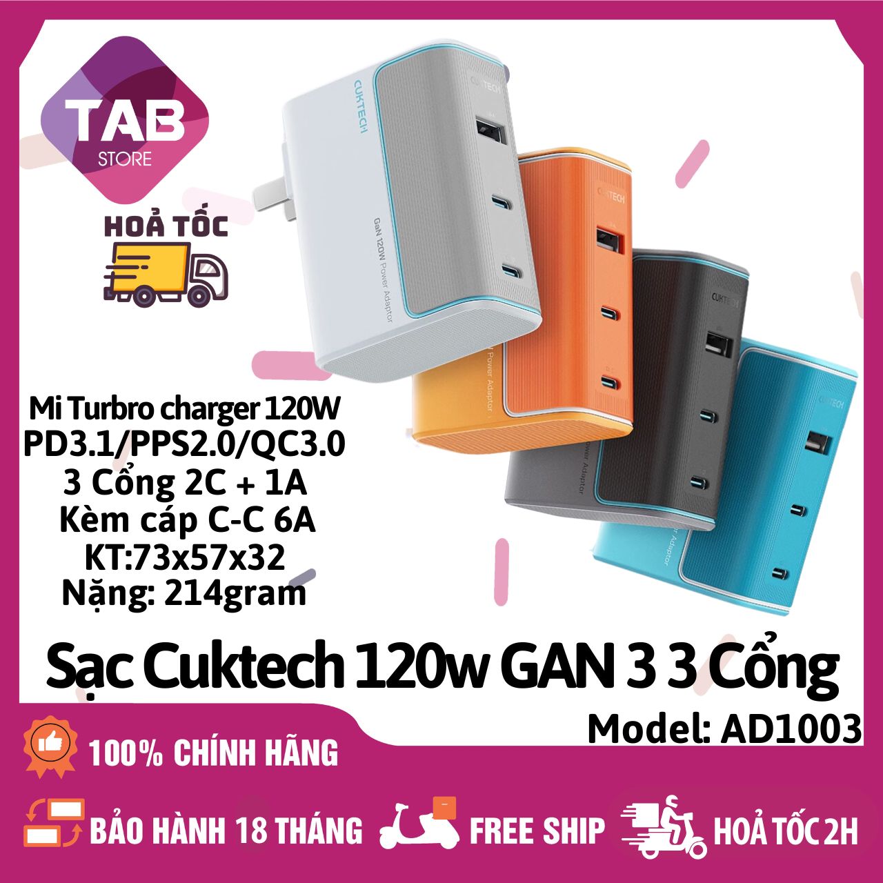 Sạc Cuktech 120w 3 Cổng (2C+1A) Mi turbro 120W PD3.1/PPS2.0/QC AD1003 - Bảo Hành 18 Tháng