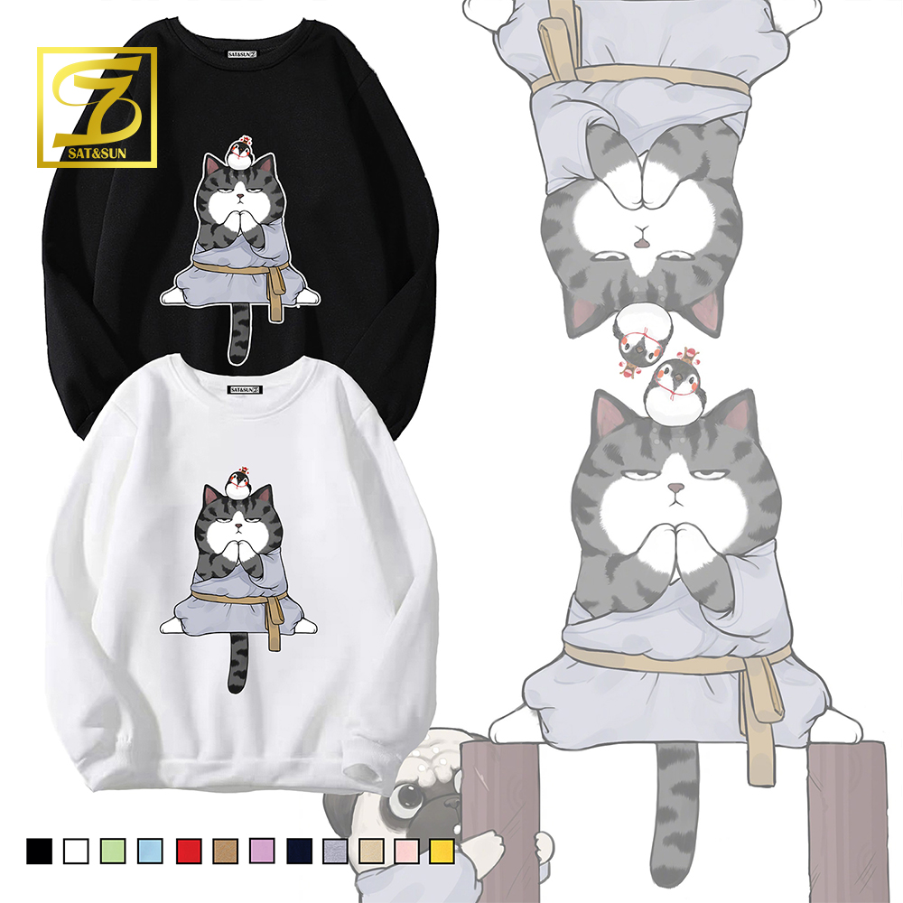 Áo Sweater UNISEX-Áo nỉ bông cổ chui in hình mèo tập võ