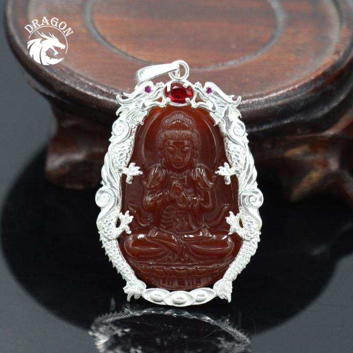Mặt dây chuyền phật như lai đại nhật đá đỏ bọc rồng - bạc nam dragon