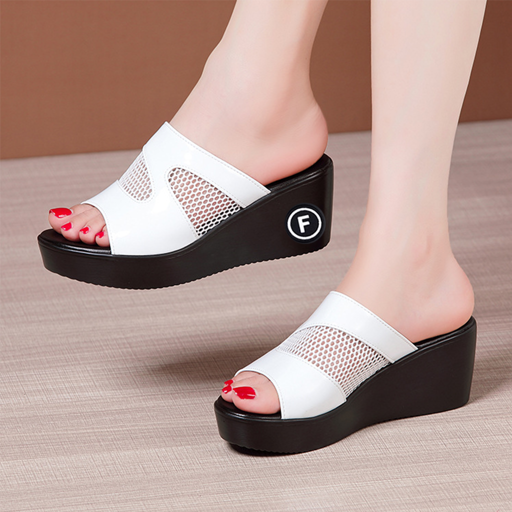 Dép đế xuồng, dép nữ guốc xuồng quai da bóng phối lưới sang chảnh - 2 màu đen, trắng đủ size - sd100