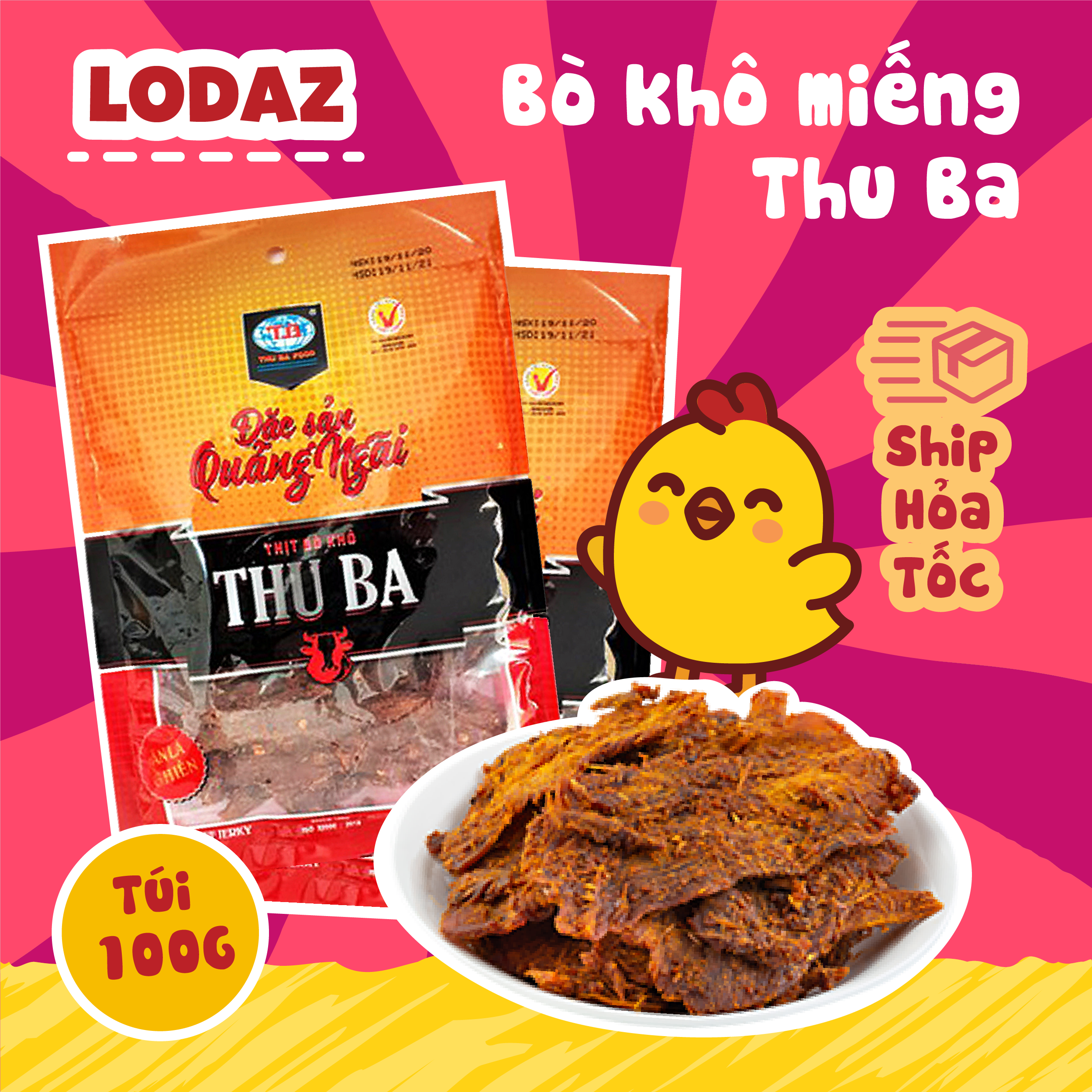 Thịt bò khô Thu Ba dạng miếng 100g, cay vừa, đặc sản Quảng Ngãi, khô bò miếng siêu ngon, đồ ăn vặt.