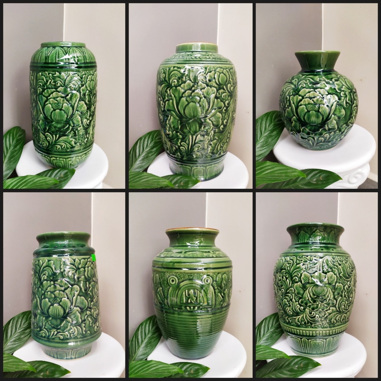 Lọ Hoa Vân Nổi - Men Xanh Ngọc Lục Bảo Phù Dung - Gốm Sứ Bát Tràng