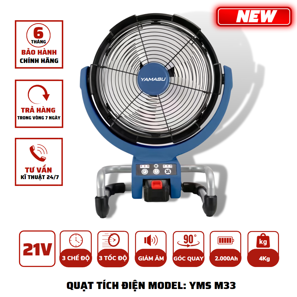 Quạt tích điện dùng pin yamasu yms-m33 chân pin phổ thông 3 tốc độ gió có tức năng quay