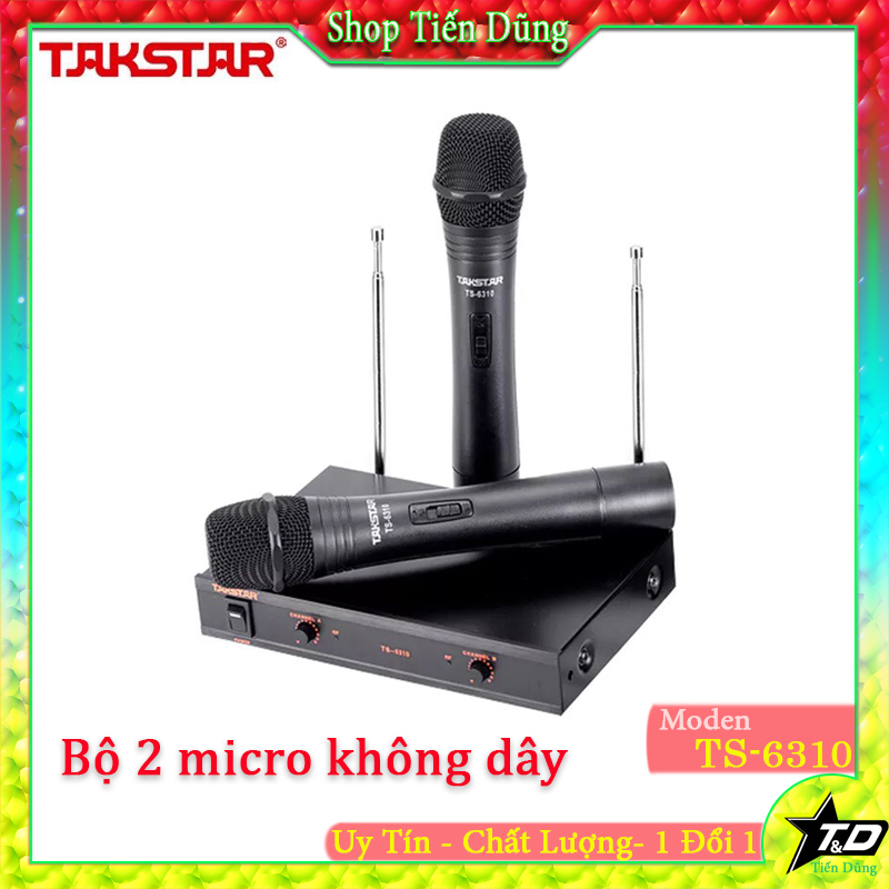 Bộ 2 micro không dây karaoke Takstar TS-6310 sóng VHF Wireless Microphone có đầu thu sóng hàng chính hãng bảo hành 6 tháng