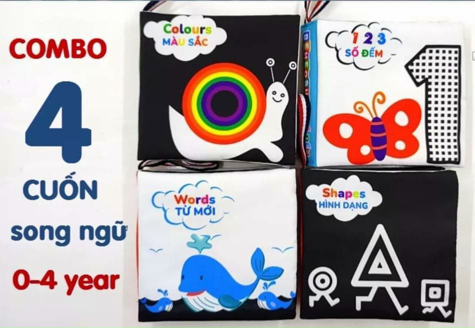 Sách vải cho bé từ 0 - 4 tuổi - kích thích thị giác - combo 4 quyển