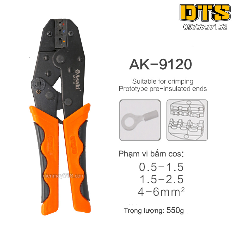 Kìm bấm cos tròn bọc nhựa Asaki AK-9120 0.5 ~ 6.0mm2 - Kềm bấm cốt tròn bọc nhựa, Kìm bấm đầu cosse Asaki (Hãng phân phối chính thức)
