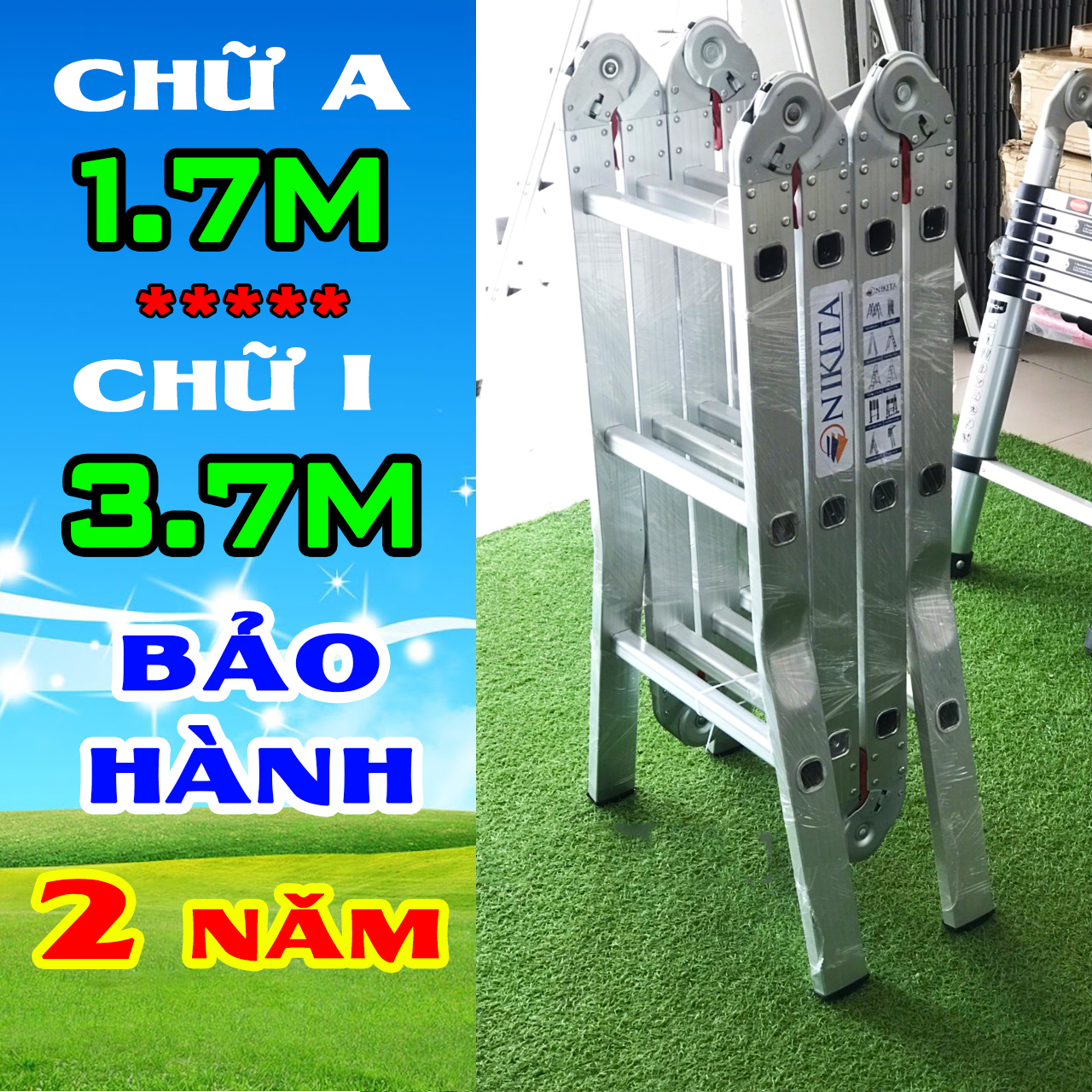 Thang nhôm gấp 4 đoạn chữ A 1.7M - chữ I 3.7M Nikita Nhật Bản TGA37 ( Bảo hành 2 năm)