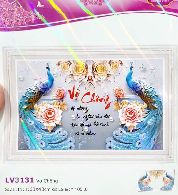 Tranh thêu chữ thập vợ chồng công xanh LV3131 - kích thước 63 * 43