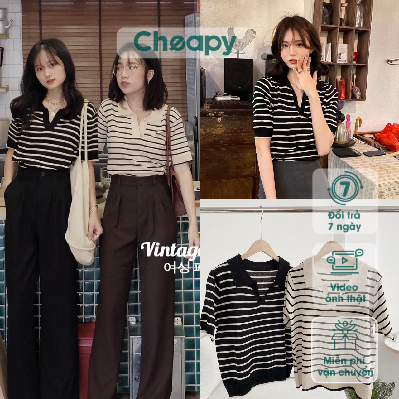 Áo len nữ montoghi cộc tay kẻ ngang cổ bẻ Ulzzang Cheapy áo len nữ cổ đức ngắn tay kẻ ngang polo chất len đẹp Hàn C1383