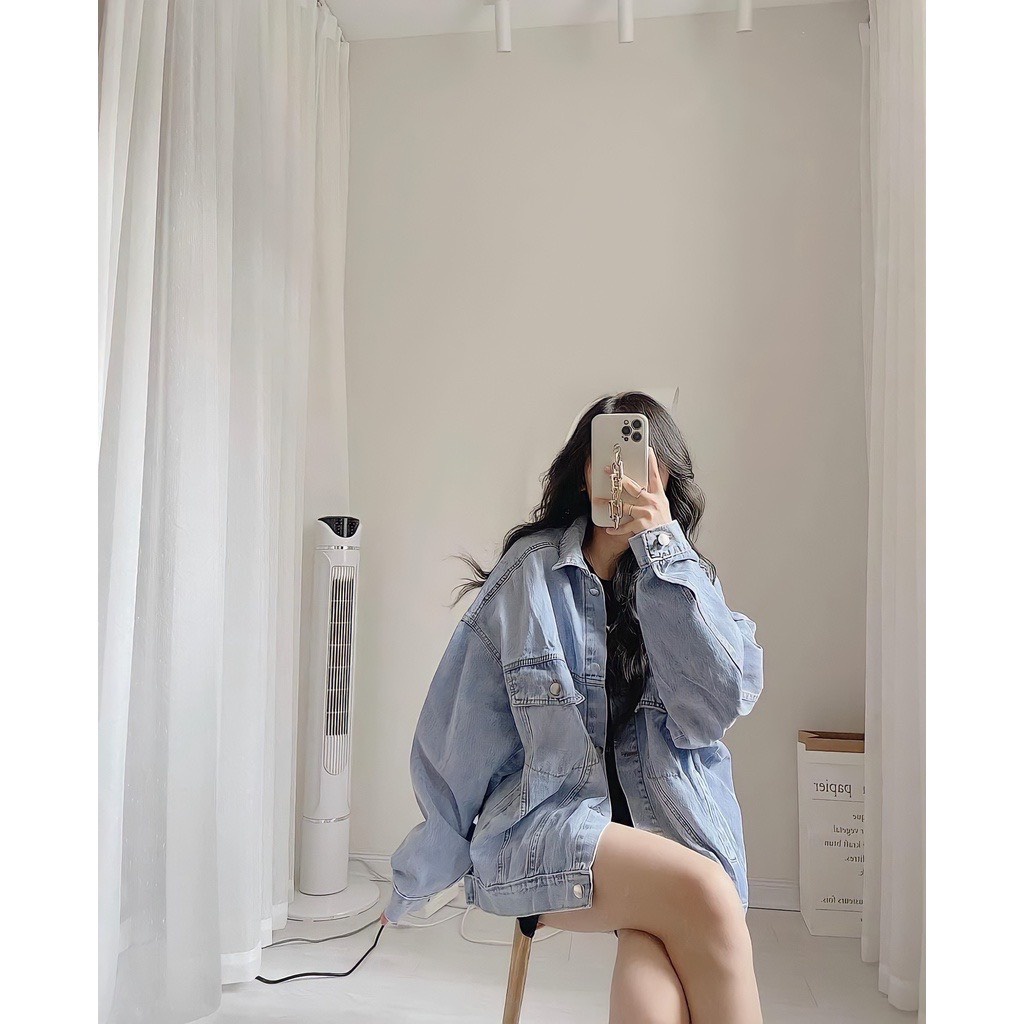 Áo khoác bò nữ phom thụng 2 màu đen xanh