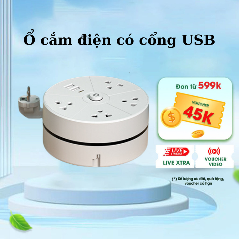 Ổ Cắm Điện Đa Năng Cao Cấp Thiết Kế Xoay Tròn Tiết Kiệm Diện Tích Có Công Tắc An Toàn Kiêm Đèn Ngủ Ổ Điện Thông Minh 4 Ổ 3 Chấu 2 Cổng USB 1 Cổng Type C Có Móc Treo Tường Tiện Lợi Dây Dài 2m Chịu Tải 2500W Chống Cháy