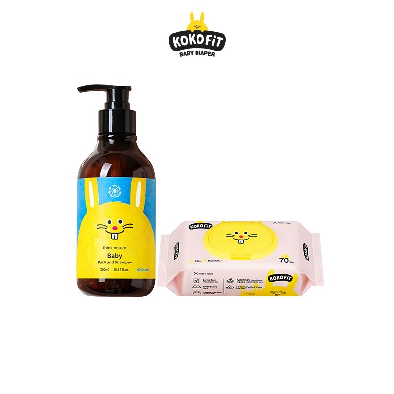 Bộ sản phẩm thơm mát Sữa tắm gội cao cấp Think Nature KOKOrabbit Baby 300ml + khăn ướt KOKOFiT màu hồng