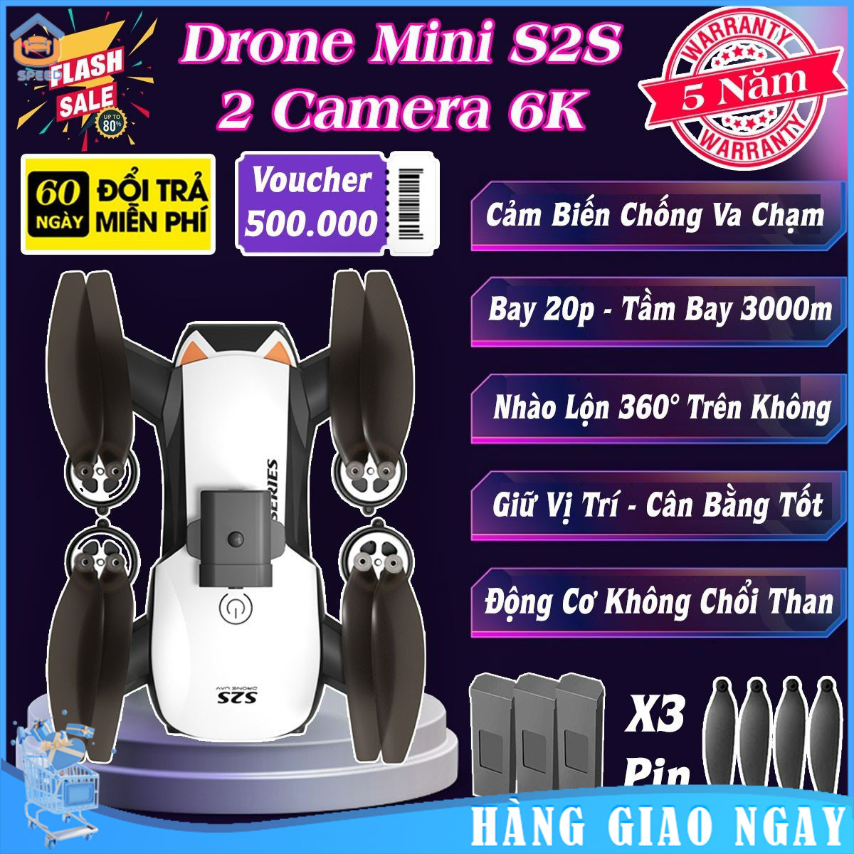 Flycam S2S Pro Max, Máy bay flycam mini giá rẻ Pro 8K