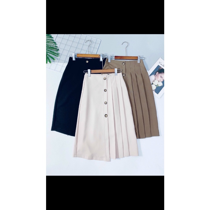 Chân váy xếp ly dáng dài cạp cao