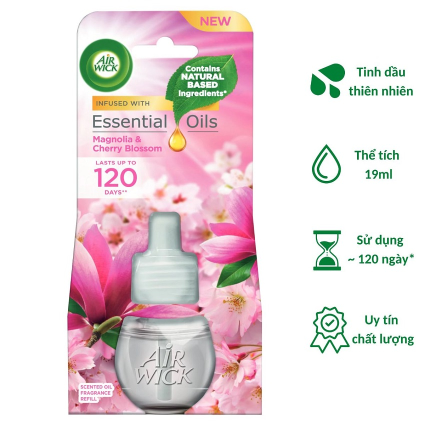Chai tinh dầu cắm điện Air Wick Refill AWK2274 Magnolia & Cherry Blossom 19ml (Hương hoa mộc lan, hoa anh đào), sử dụng điện 220V, làm thơm không gian nhanh chóng
