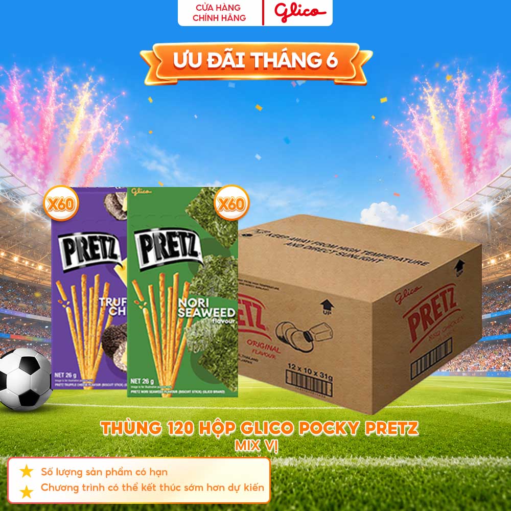 (HOT) Thùng 120 Hộp Bánh Que Snack Nướng Giòn GLICO PRETZ ROCKSTAR Mix Vị - 26G/Hộp (60H Rong Biển Nori - 60H Phô Mai Nấm)